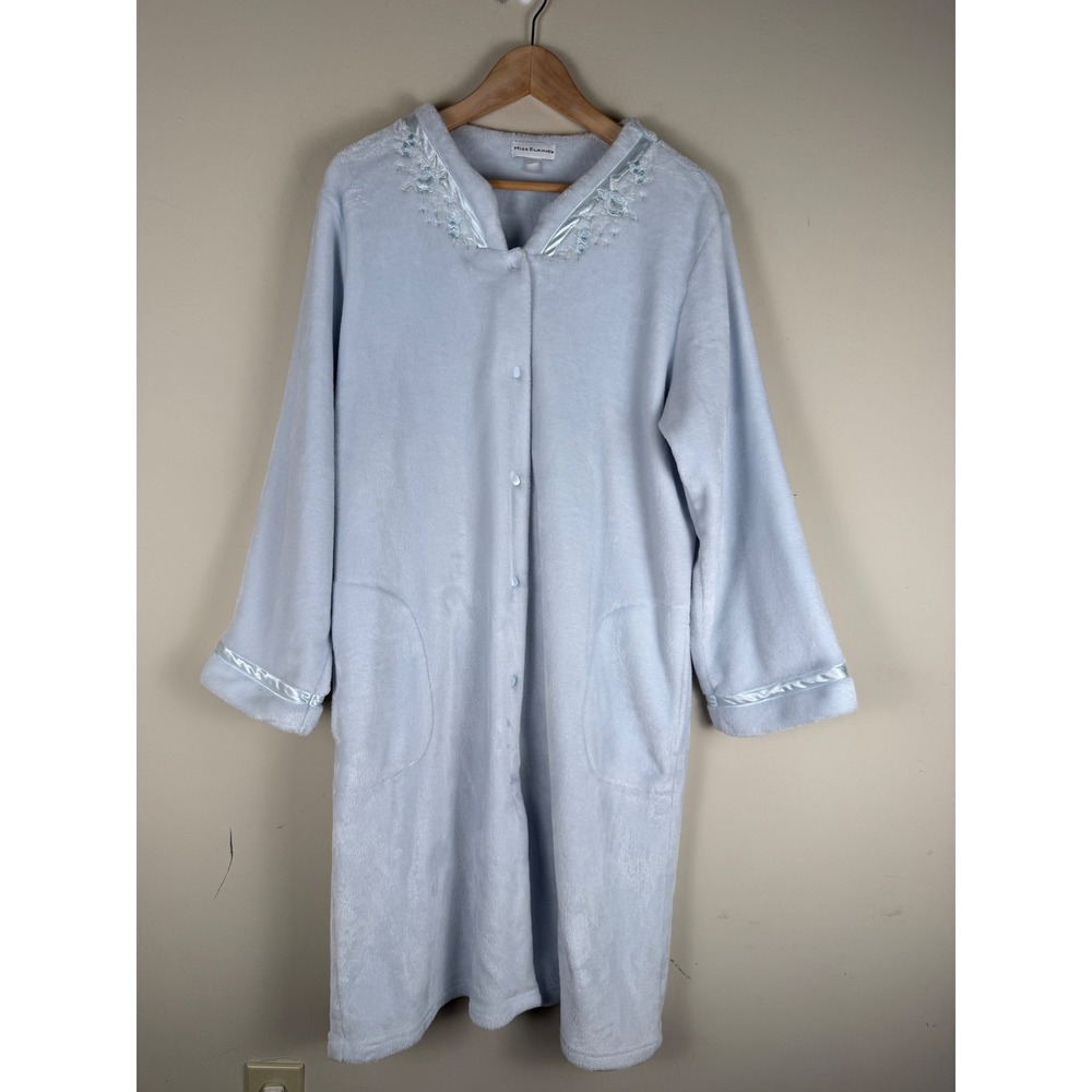 Miss Elaine Baby Blue Fleece Long Sleeve Snap Button Midi Robe with Pockets XL